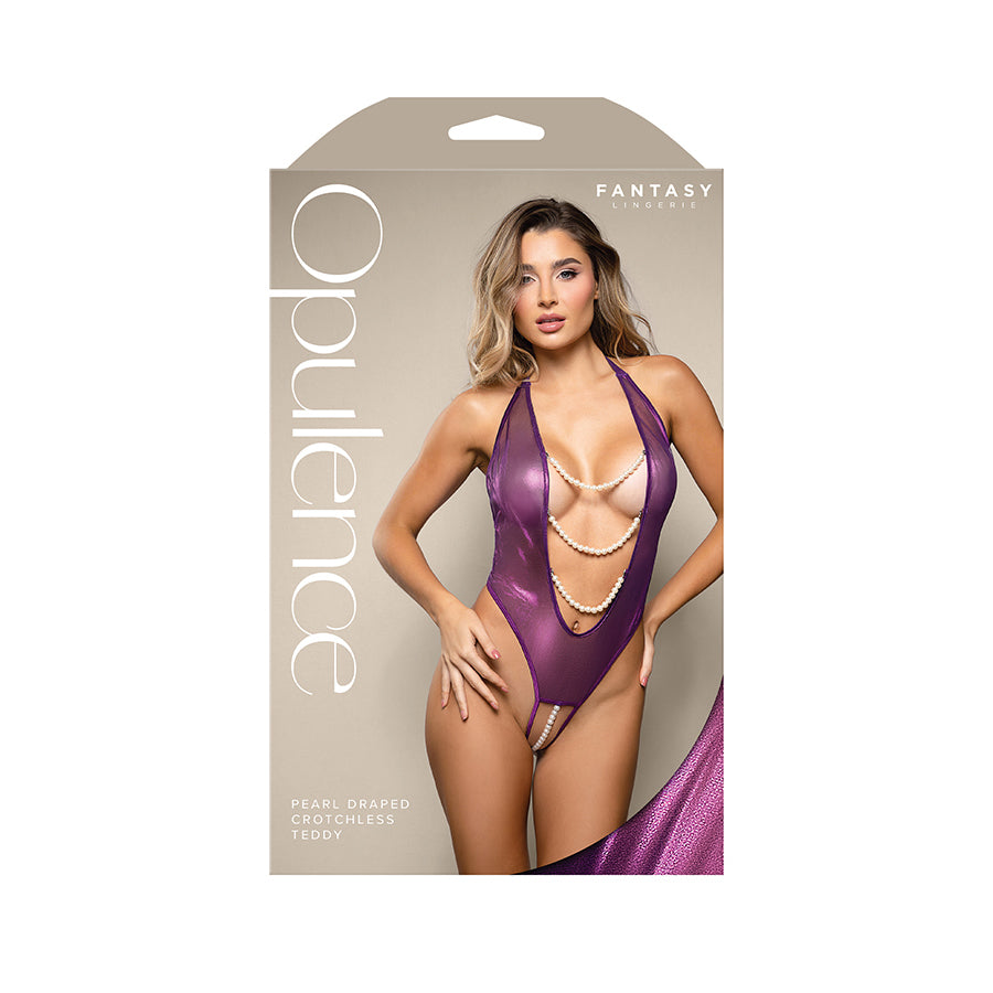 OPULENCE Pearl Draped Crotchless Teddy - Purple - S/M Size - 2429PUR-SM-B