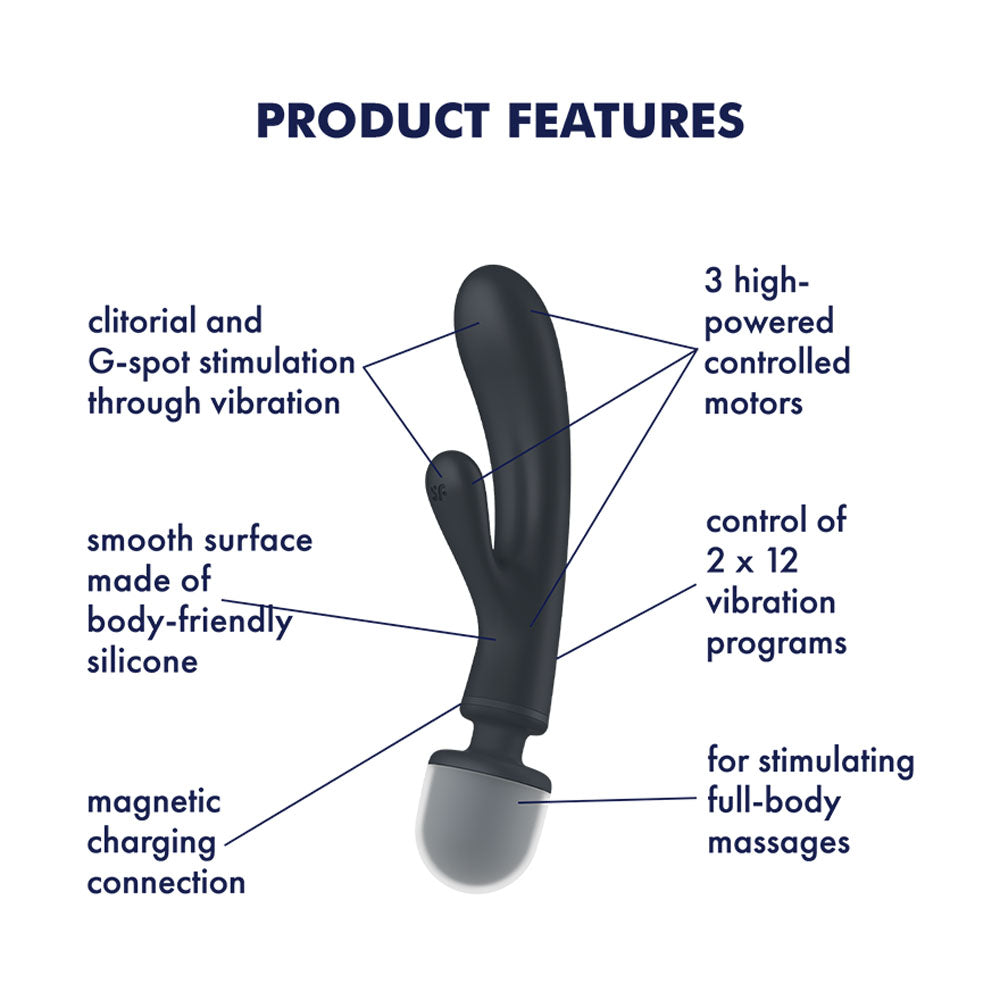 Satisfyer Triple Lover - Grey USB Rechargeable Rabbit Vibrator and Massage Wand - 4018201