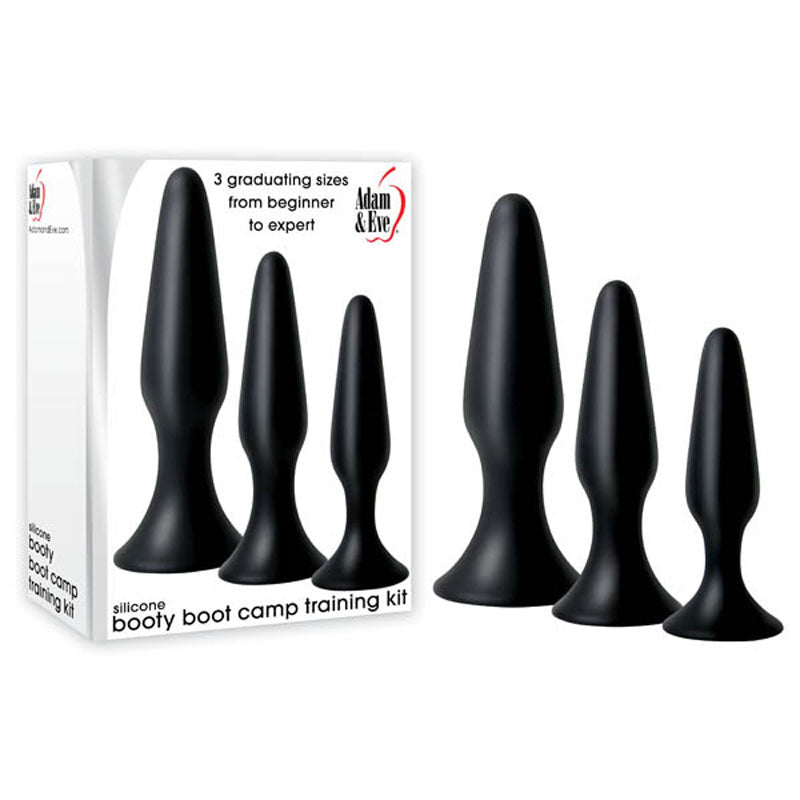 Adam & Eve Silicone Booty Boot Camp Training Kit - Black Butt Plugs - Set of 3 Sizes - 401M 0000