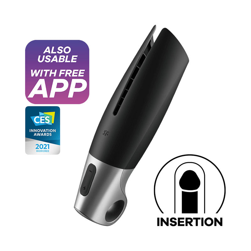Satisfyer Power Masturbator - Black USB Rechargeable Vibrating Masturbator with App Control - 4037332