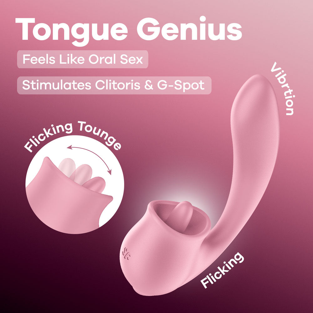 Satisfyer Tongue Genius - Pink USB Rechargeable Vibrator with Flicking Clit Stimulator - 4080598