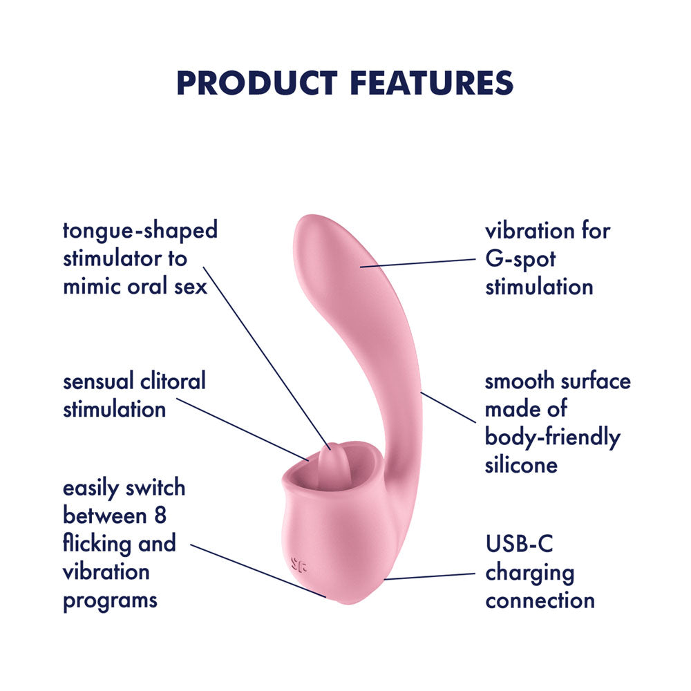 Satisfyer Tongue Genius - Pink USB Rechargeable Vibrator with Flicking Clit Stimulator - 4080598