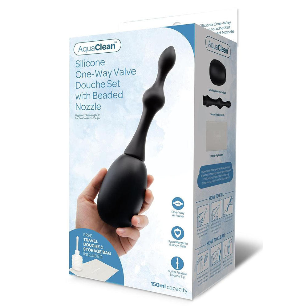 AquaClean Silicone 1-Way Valve Douche Set with Beaded Nozzle - 150 ml Capacity with Free Travel Douche Included - AC107