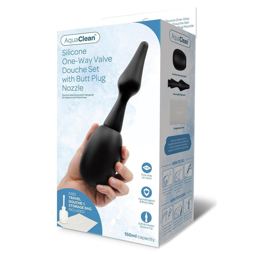 AquaClean Silicone 1-Way Valve Douche Set with Butt Plug Nozzle - 150 ml Capacity with Free Travel Douche Included - AC108