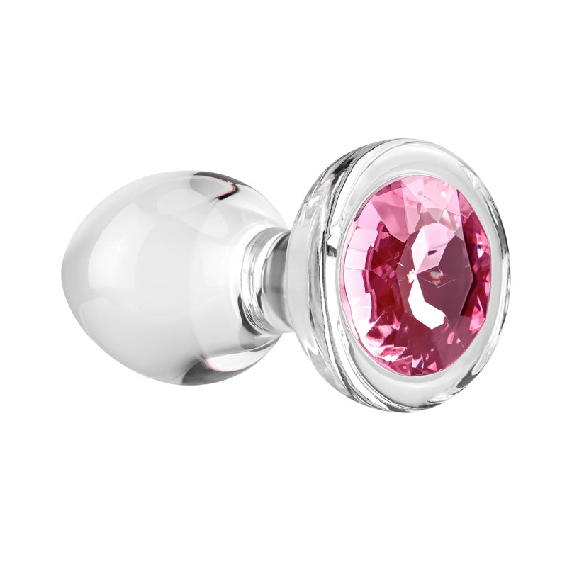 Adam & Eve PINK GEM GLASS PLUG MEDIUM - Clear Glass 8.7 cm Butt Plug with Pink Gem Base - AE-WF-1140-2