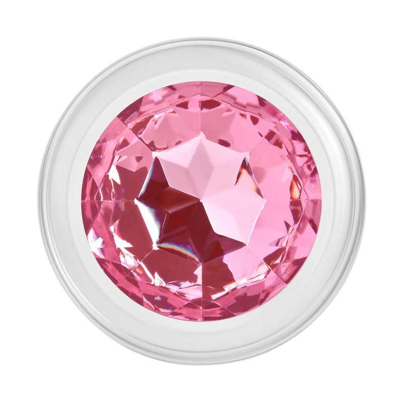 Adam & Eve PINK GEM GLASS PLUG MEDIUM - Clear Glass 8.7 cm Butt Plug with Pink Gem Base - AE-WF-1140-2
