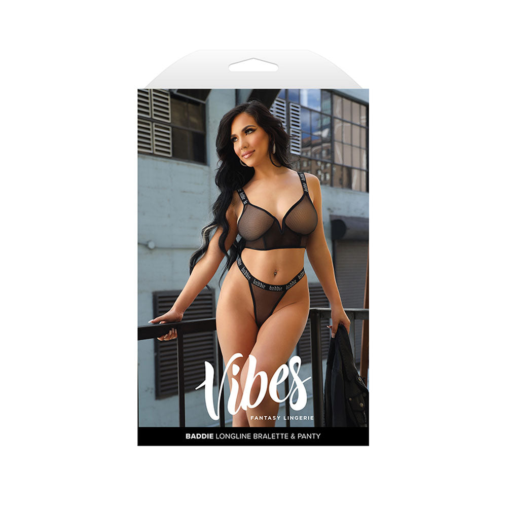 VIBES BADDIE Longline Bralette & Panty - M/L - Black - M/L Size - AF982-ML-B