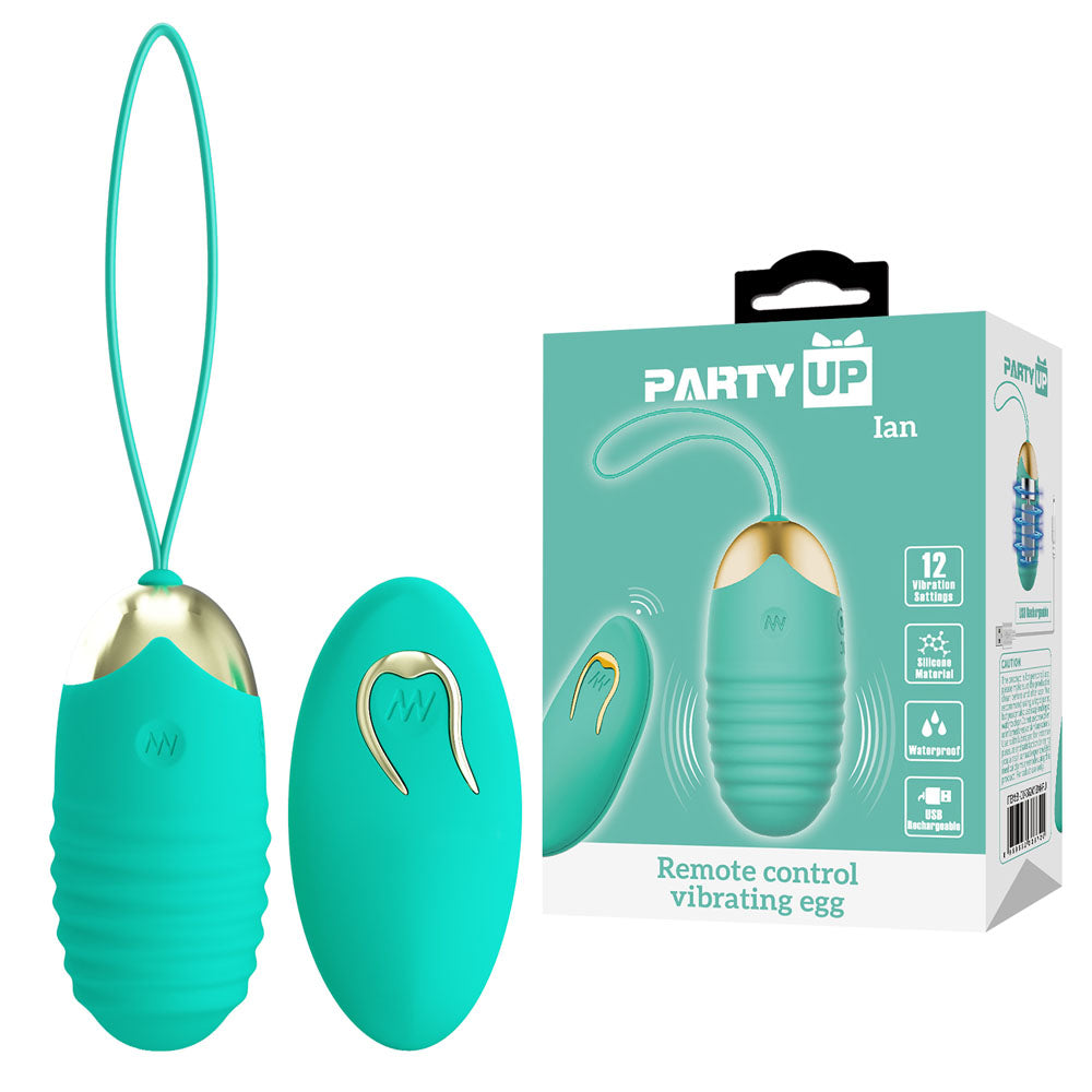 Party Up IAN Remote Egg - Teal - Teal USB Rechargeable Vibrating Egg with Wireless Remote - BI-014362W-3A4-PU