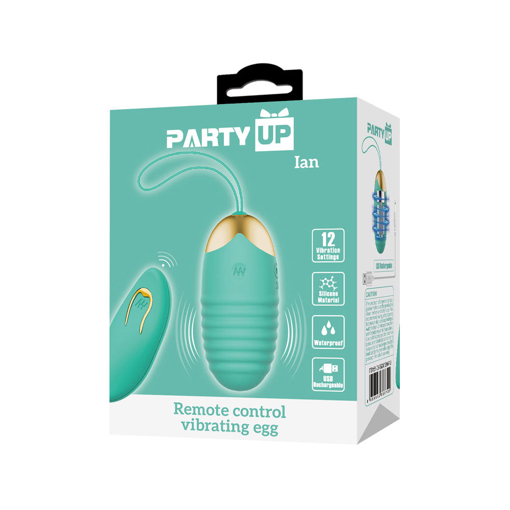 Party Up IAN Remote Egg - Teal - Teal USB Rechargeable Vibrating Egg with Wireless Remote - BI-014362W-3A4-PU