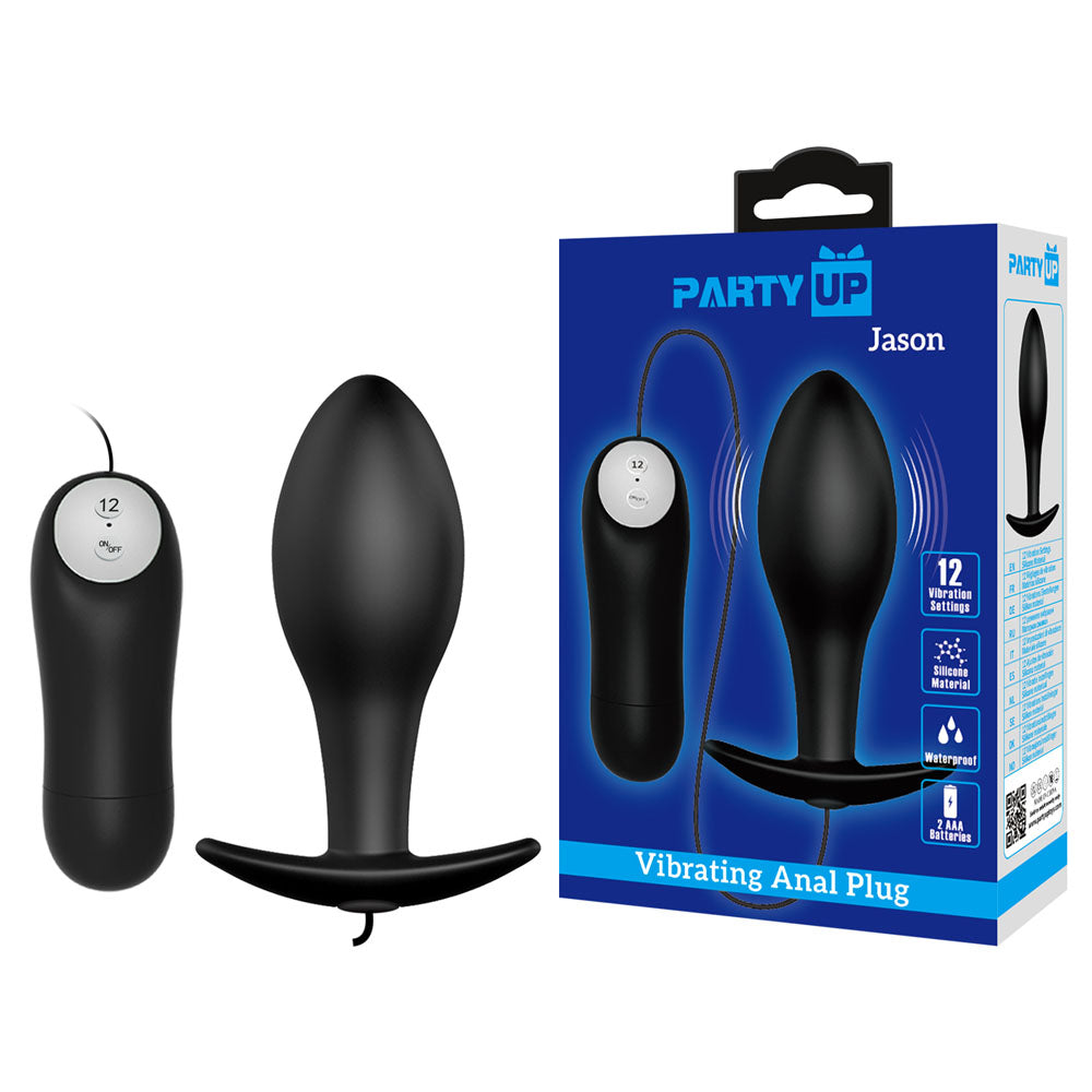 Party Up JASON Vibrating Anal Plug - Black 8.5 cm Vibrating Butt Plug with Remote - BI-040038-PU