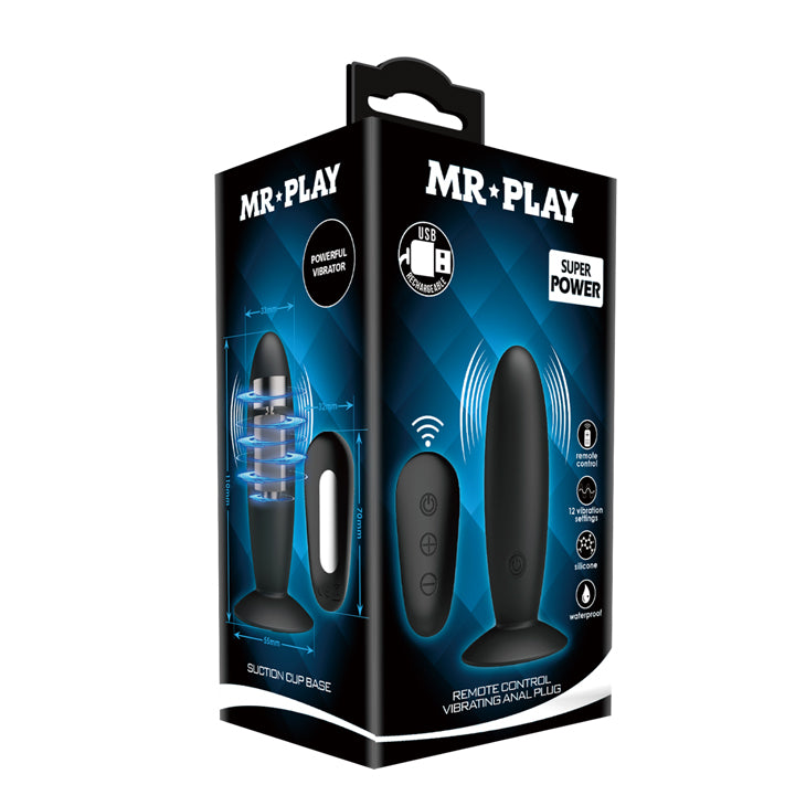 MR PLAY Remote Control Vibrating Anal Plug - Black USB Rechargeable Vibrating Butt Plug with Wireless Remote - BI-040045W-MR