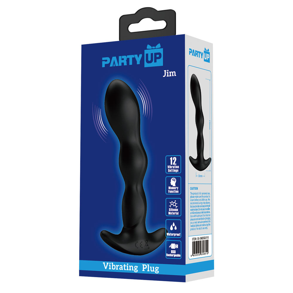 Party Up JIM Vibrating Plug - Black 14.5 cm USB Rechargeable Vibrating Butt Plug - BI-040068-PU