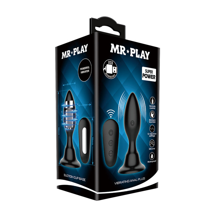 MR PLAY Vibrating Anal Plug - Black 10.8 cm USB Rechargeable Vibrating Butt Plug with Remote - BI-040076W-MR