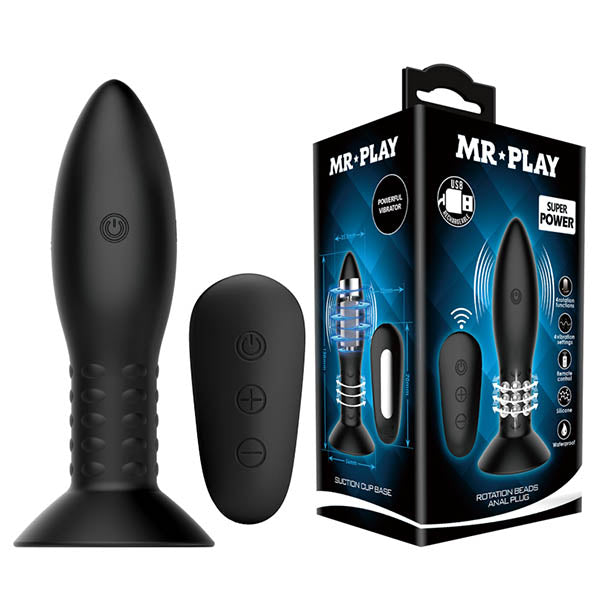 MR PLAY Rotation Beads Anal Plug - Black USB Rechargeable Beaded Butt Plug with Wireless Remote - BI-040079W-MR