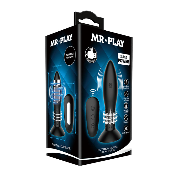 MR PLAY Rotation Beads Anal Plug - Black USB Rechargeable Beaded Butt Plug with Wireless Remote - BI-040079W-MR