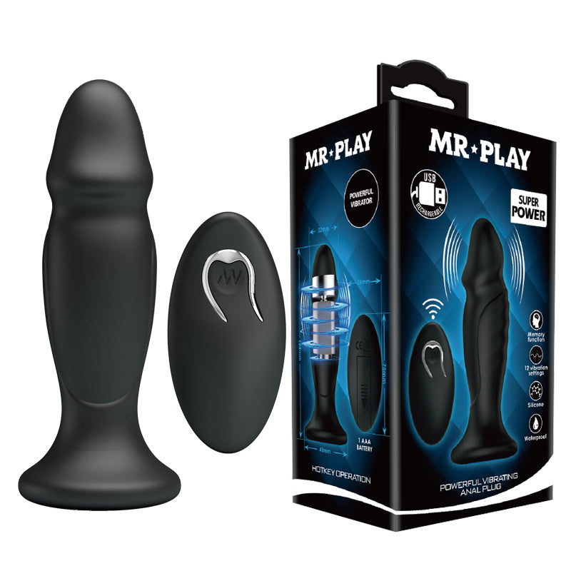 MR PLAY Powerful Vibrating Anal Plug - Black 12.4 cm USB Rechargeable Vibrating Anal Plug with Remote - BI-040085W-MR