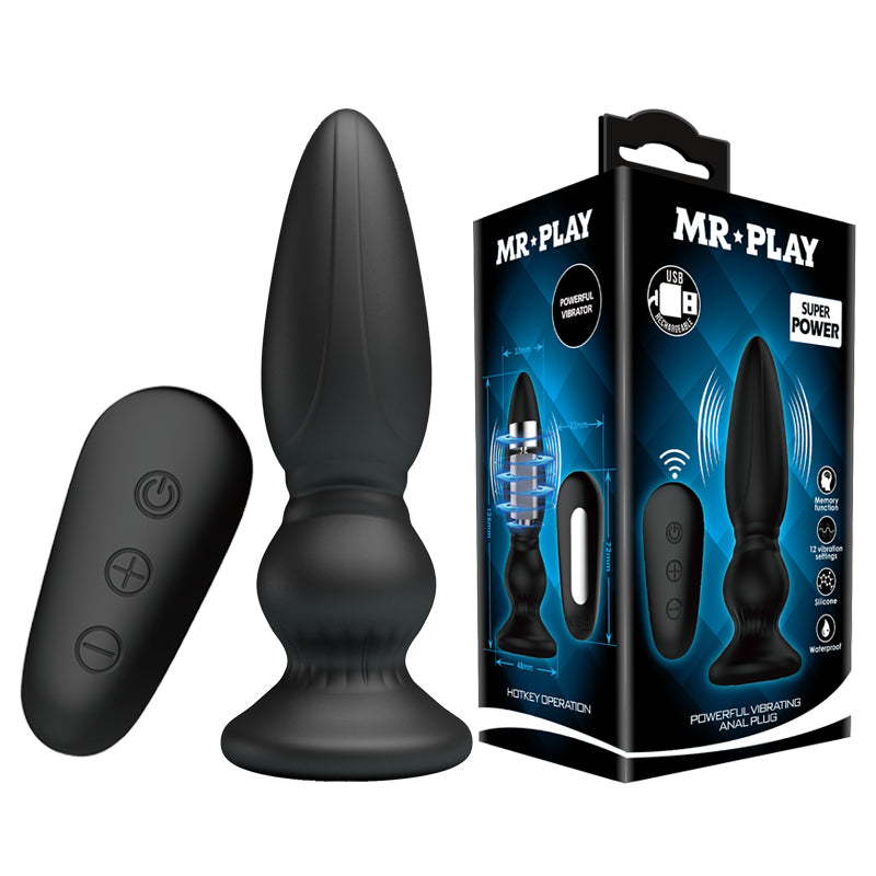 MR PLAY Powerful Vibrating Anal Plug - Black 12.5 cm USB Rechargeable Vibrating Anal Plug with Remote - BI-040086W-MR
