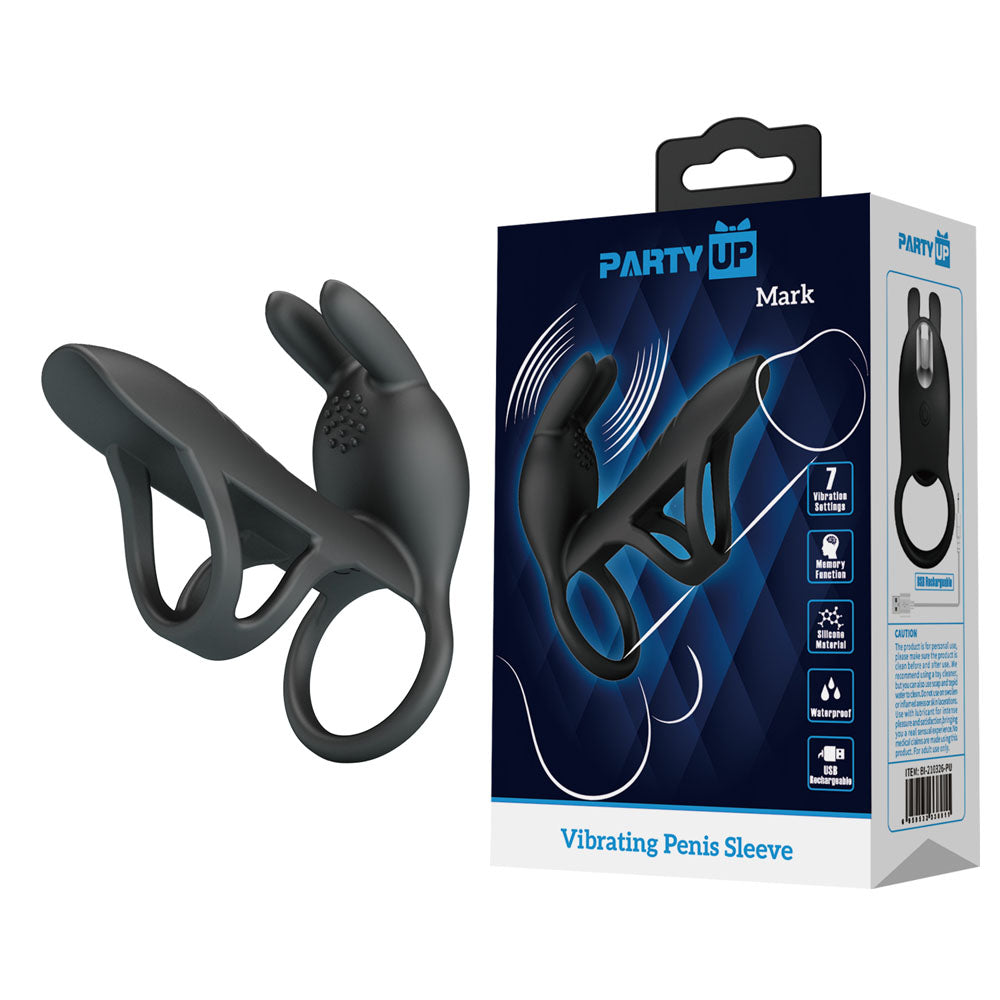 Party Up MARK Vibrating Penis Sleeve - Black USB Rechargeable Vibrating Cock Sleeve - BI-210326-PU