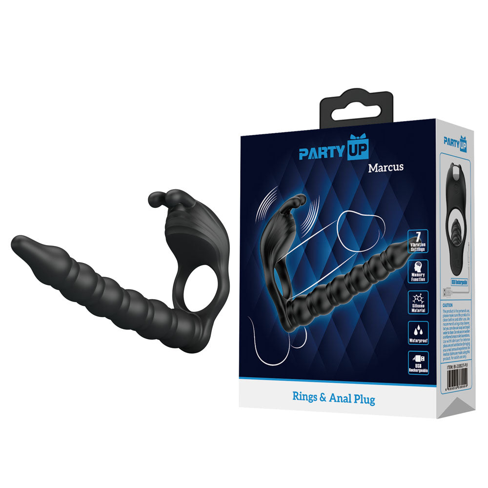 Party Up MARCUS Ring & Anal Plug - Black USB Rechargeable Vibrating Cock Ring with Double Penetrator - BI-210327-PU