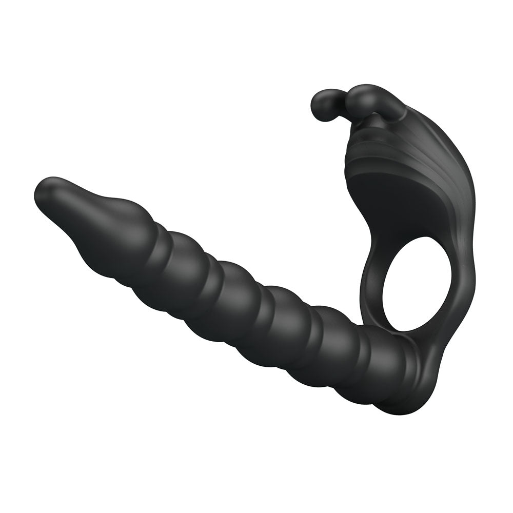 Party Up MARCUS Ring & Anal Plug - Black USB Rechargeable Vibrating Cock Ring with Double Penetrator - BI-210327-PU