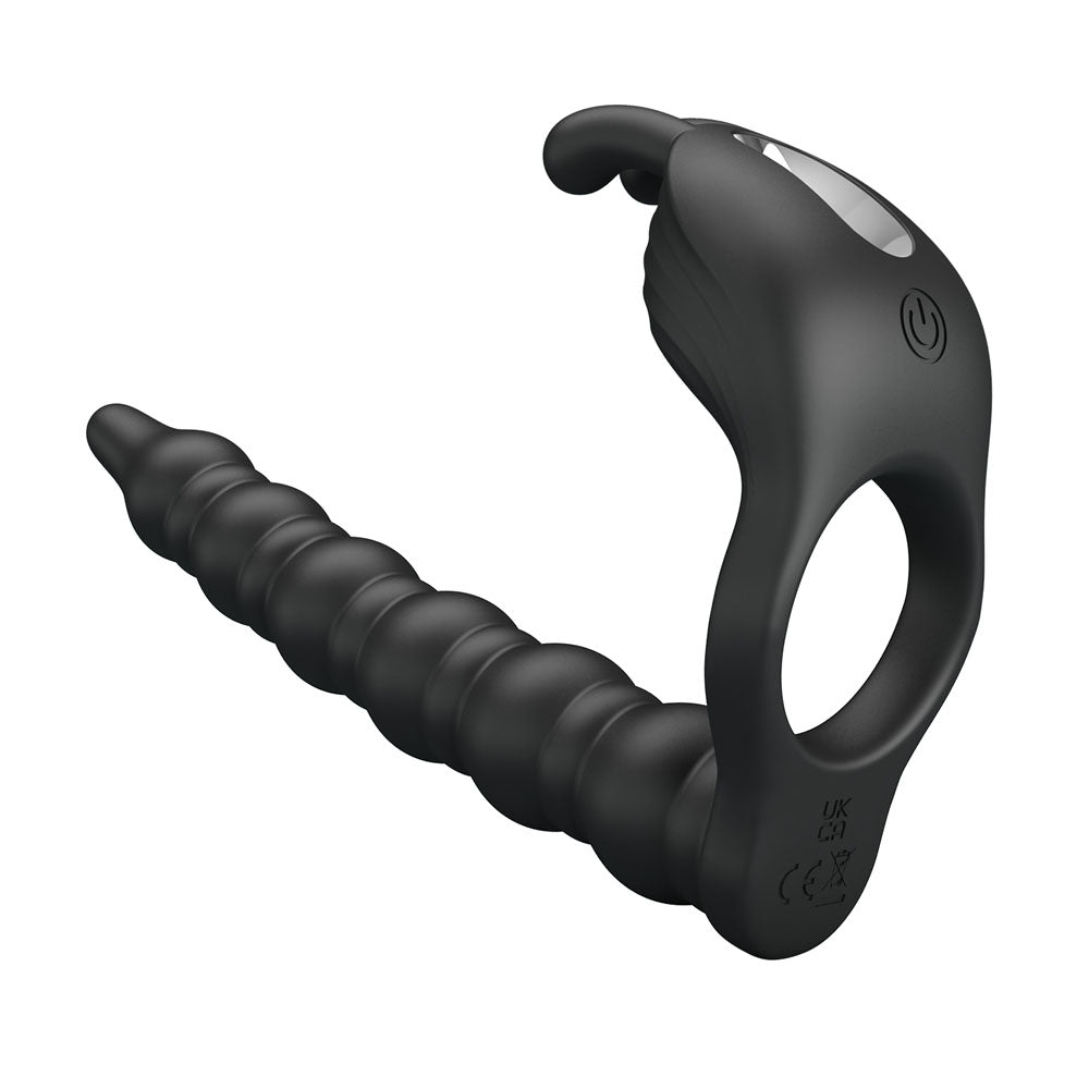 Party Up MARCUS Ring & Anal Plug - Black USB Rechargeable Vibrating Cock Ring with Double Penetrator - BI-210327-PU