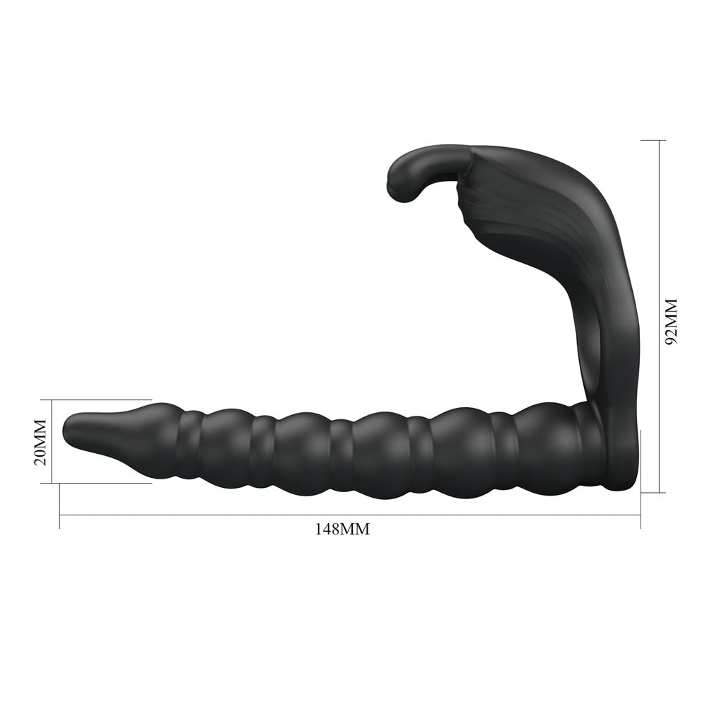 Party Up MARCUS Ring & Anal Plug - Black USB Rechargeable Vibrating Cock Ring with Double Penetrator - BI-210327-PU