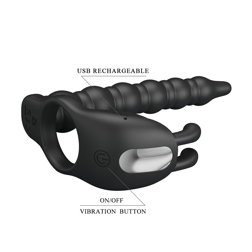 Party Up MARCUS Ring & Anal Plug - Black USB Rechargeable Vibrating Cock Ring with Double Penetrator - BI-210327-PU