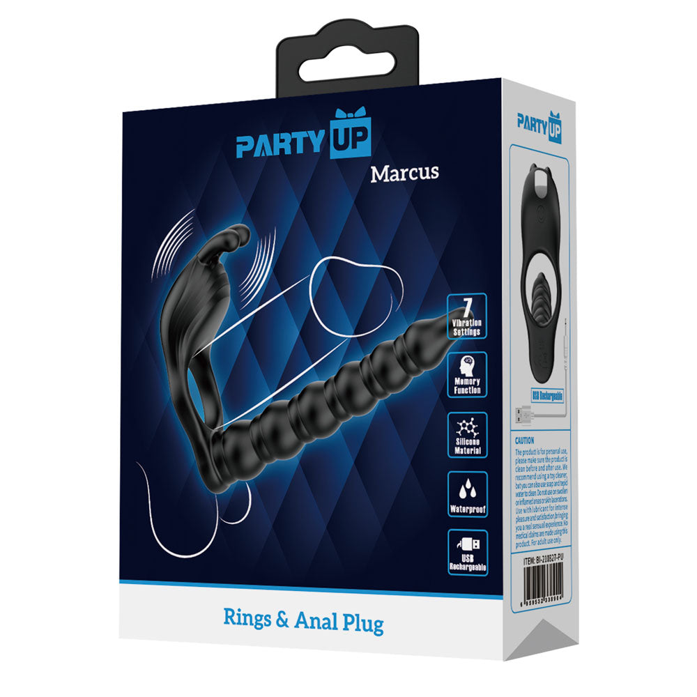 Party Up MARCUS Ring & Anal Plug - Black USB Rechargeable Vibrating Cock Ring with Double Penetrator - BI-210327-PU