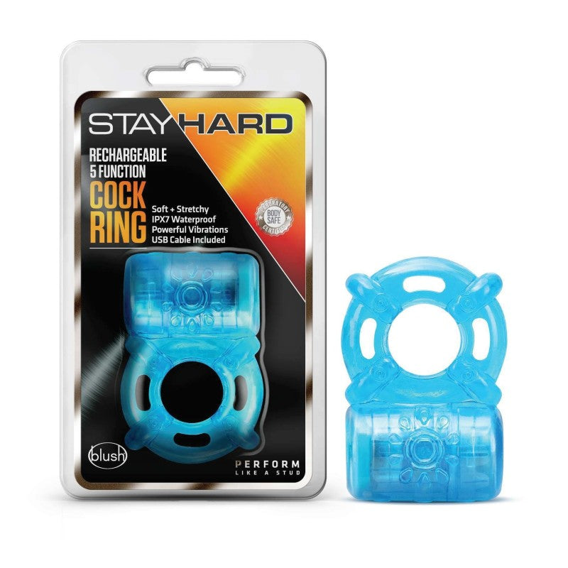 Stay Hard Rechargeable 5 Function Cock Ring - Blue USB Rechargeable Vibrating Cock Ring - BL-31902