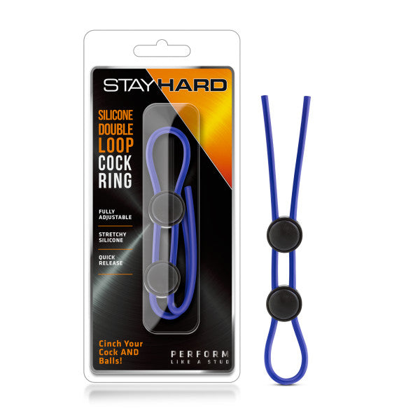 Stay Hard - Silicone Double Loop Cock Ring - Blue Adjustable Lasso Cock Ring - BL-32092