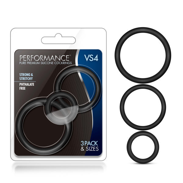 Performance VS4 Pure Premium Silicone Cockrings - Black Cock Rings - Set of 3 Sizes - BL-370815