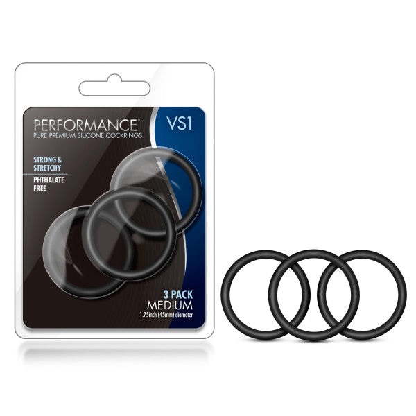 Performance VS1 Pure Premium Silicone Cockrings - Black Medium Cock Rings - Set of 3 - BL-71815