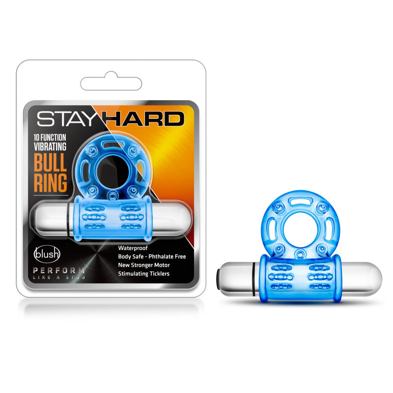 Stay Hard 10-Function Vibrating Bull Ring - Blue Vibrating Cock Ring - BL-77902