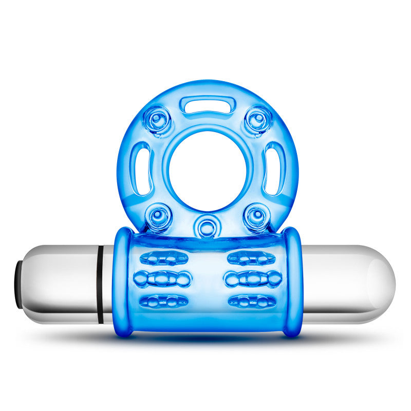 Stay Hard 10-Function Vibrating Bull Ring - Blue Vibrating Cock Ring - BL-77902