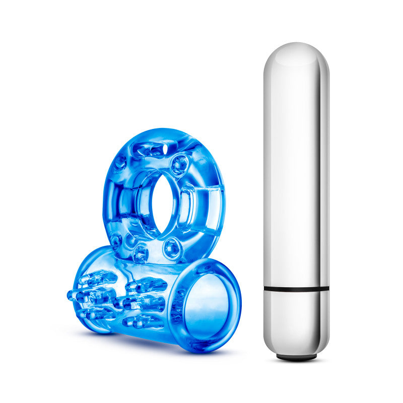 Stay Hard 10-Function Vibrating Bull Ring - Blue Vibrating Cock Ring - BL-77902