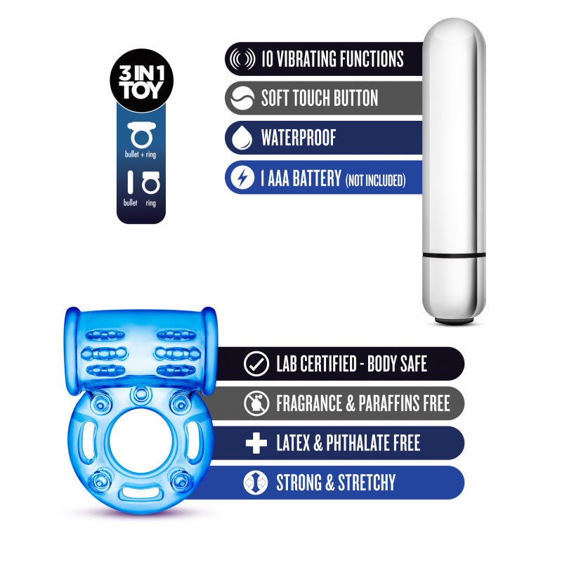 Stay Hard 10-Function Vibrating Bull Ring - Blue Vibrating Cock Ring - BL-77902
