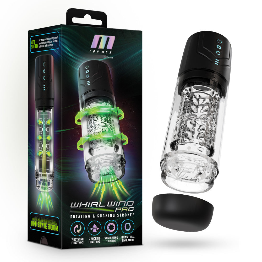 M For Men - Whirlwind Pro - Clear USB Rechargeable Rotating & Sucking Auto Stroker - BL-87605