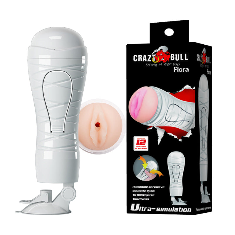 CRAZY BULL FLORA Vibrating Stroker - Flesh USB Rechargeable Vibrating Squeezeable Vagina Stroker with Suction Base - BM-00900T48Z
