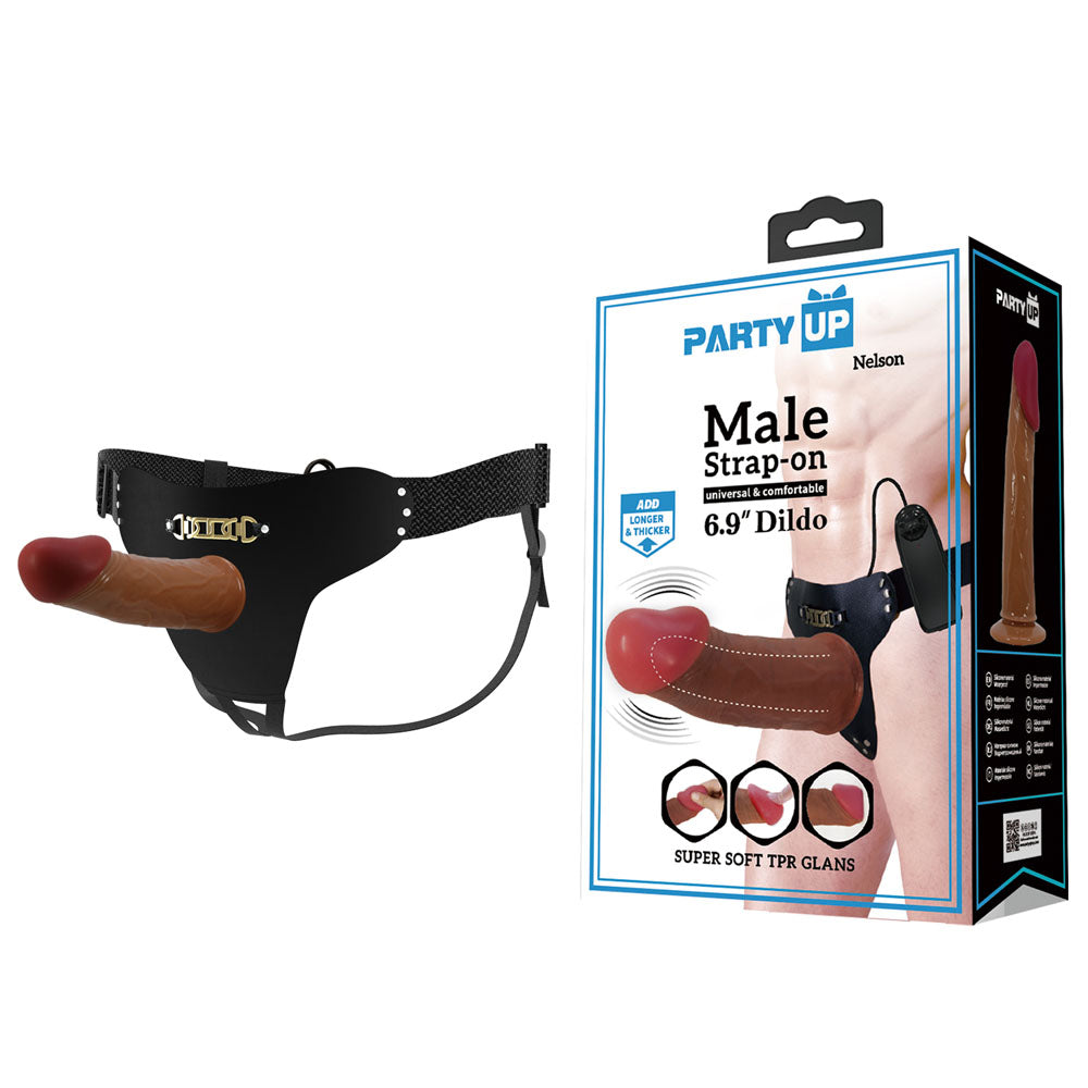 Party Up NELSON Vibrating Strap-On - Brown 17.5 cm Vibrating Hollow Strap-On - BW-022096Z-PU