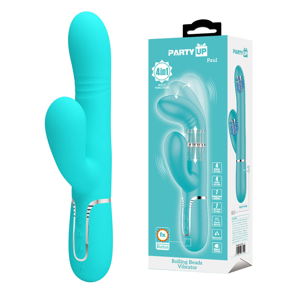 Party Up PAUL Rolling Beads Vibrator - Teal - Teal 22.6 cm USB Rechargeable Thrusting Rabbit Vibrator - BW-500034-1-PU