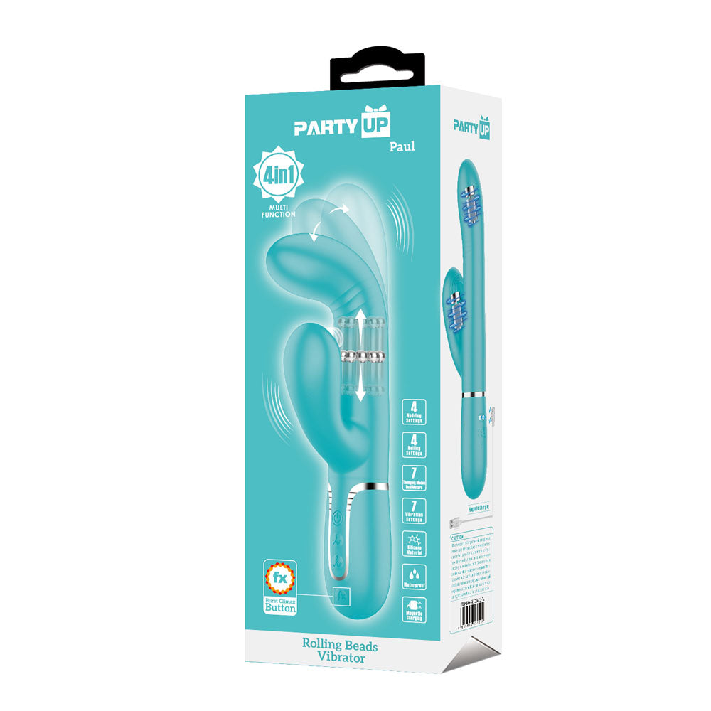 Party Up PAUL Rolling Beads Vibrator - Teal - Teal 22.6 cm USB Rechargeable Thrusting Rabbit Vibrator - BW-500034-1-PU