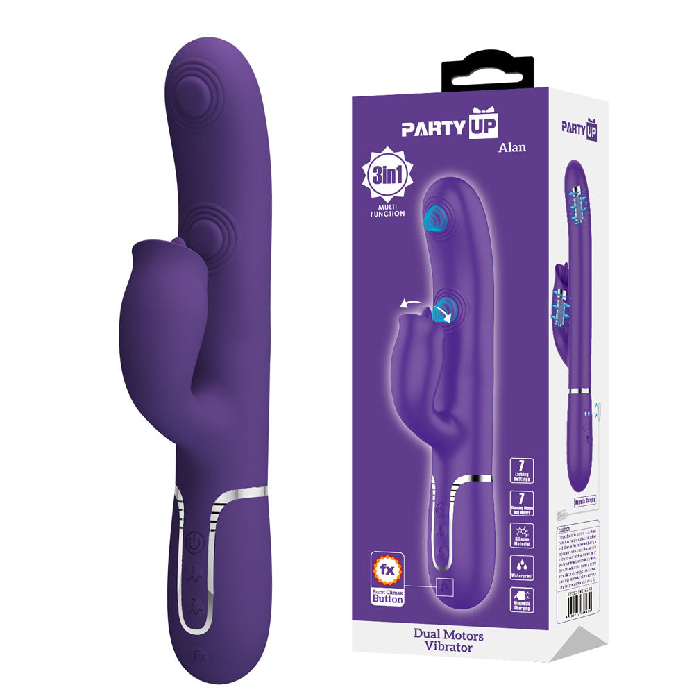 Party Up ALAN Dual Motor Vibrator - Purple - Purple 22.8 cm USB Rechargeable Vibrator with Licking Clit Stimulator and Thumping Shaft - BW-500035-2-PU