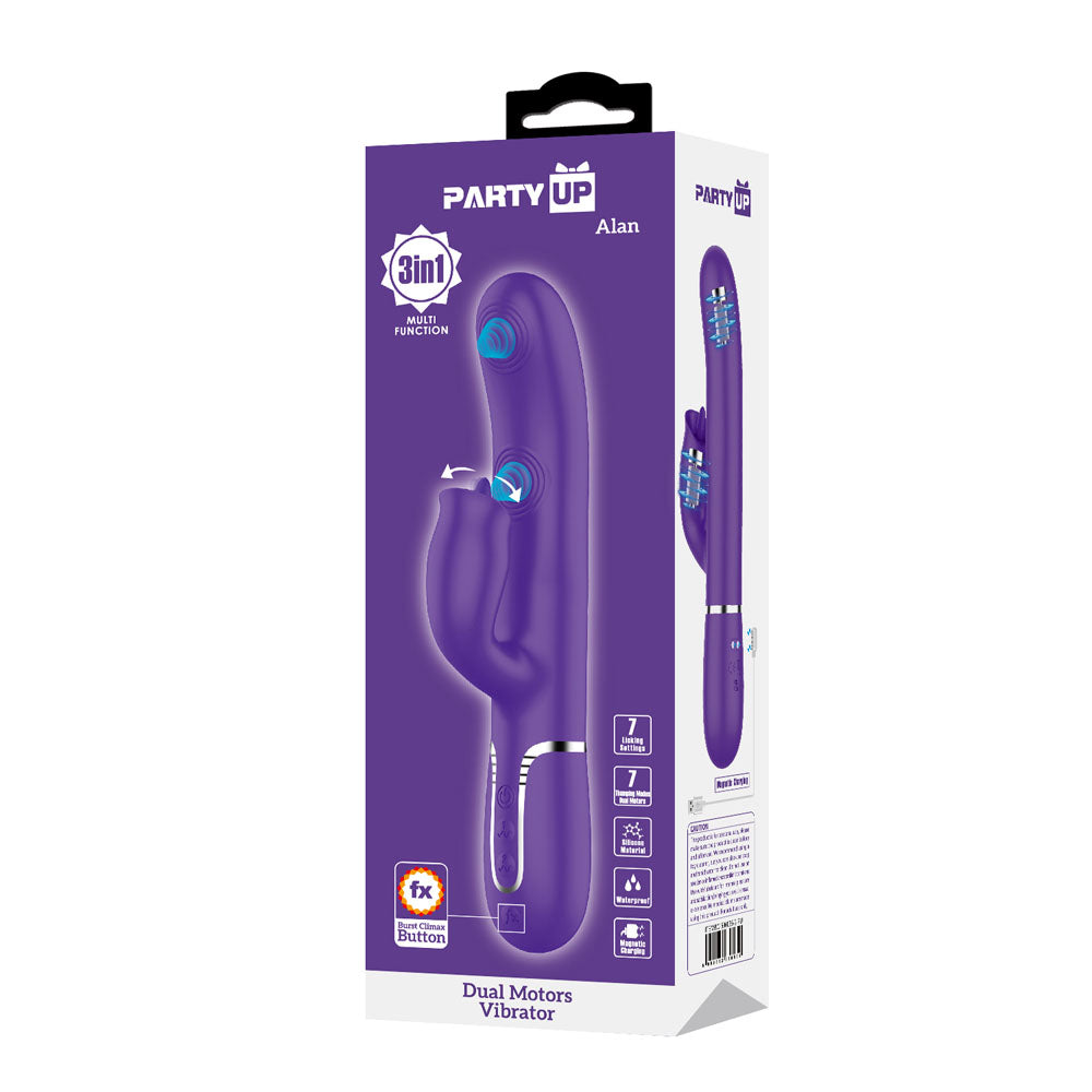 Party Up ALAN Dual Motor Vibrator - Purple - Purple 22.8 cm USB Rechargeable Vibrator with Licking Clit Stimulator and Thumping Shaft - BW-500035-2-PU