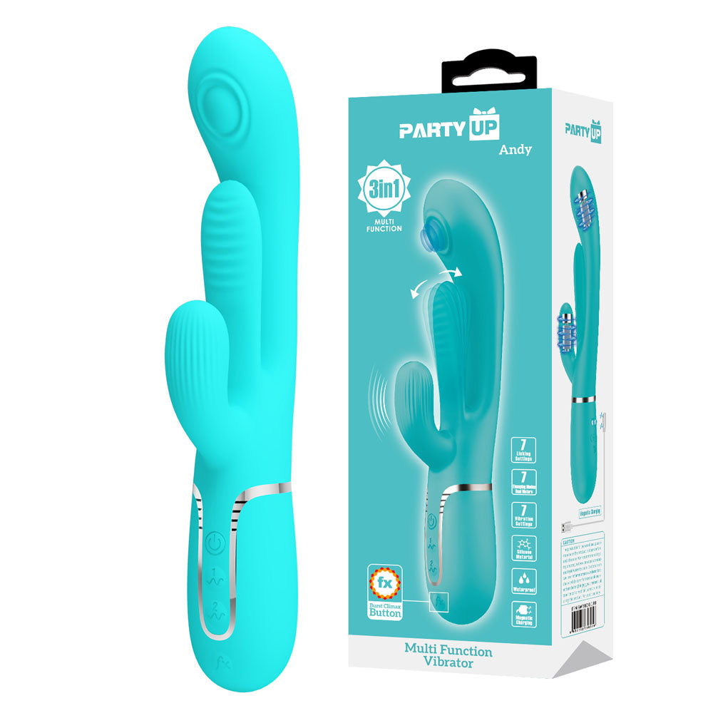 Party Up ANDY Multi Function Vibrator - Teal - Teal 22.2 cm USB Rechargeable Rabbit Vibrator with Flicking and Thumping Tip - BW-500041-1-PU