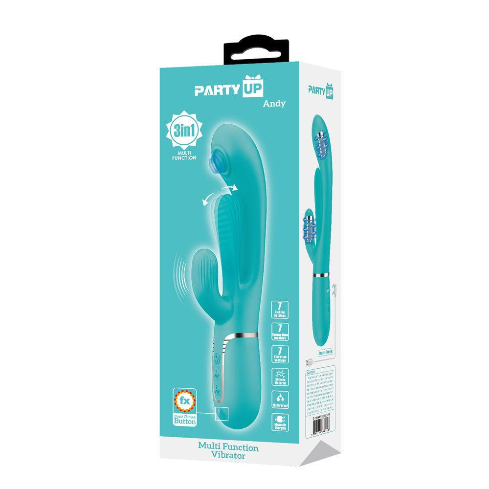 Party Up ANDY Multi Function Vibrator - Teal - Teal 22.2 cm USB Rechargeable Rabbit Vibrator with Flicking and Thumping Tip - BW-500041-1-PU