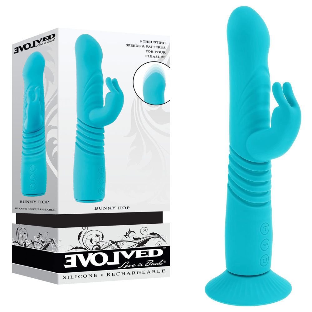Evolved BUNNY HOP - Teal 25.1 cm USB Rechargeable Thrusting Rabbit Vibrator with Suction Base - EN-RS-6008-2