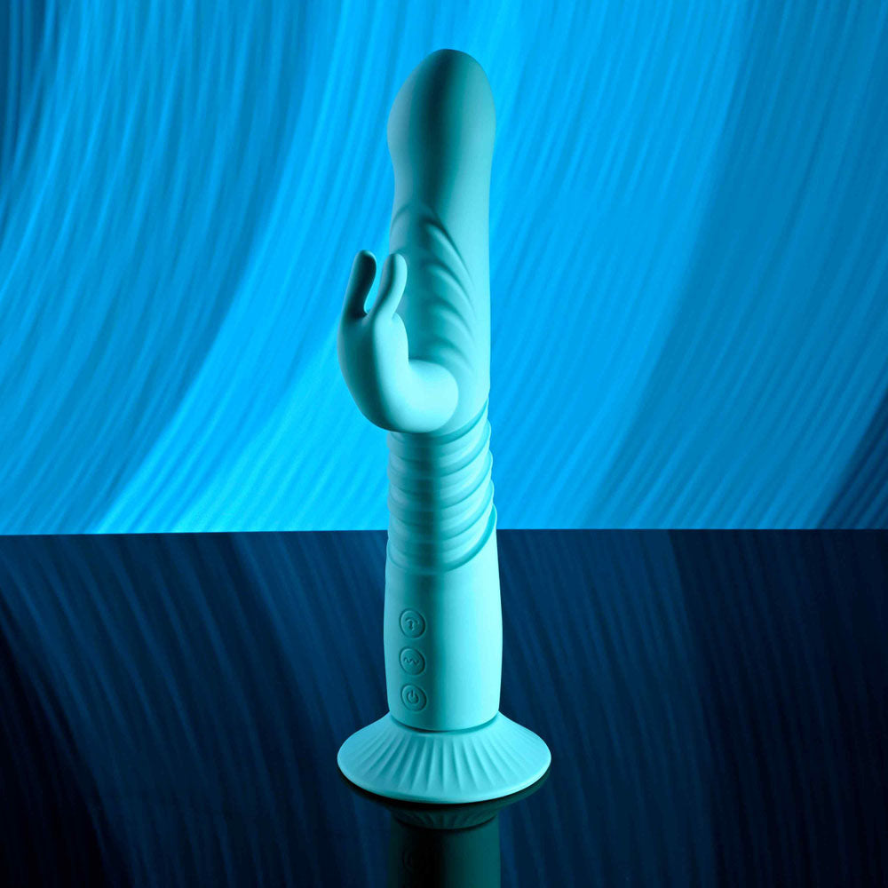 Evolved BUNNY HOP - Teal 25.1 cm USB Rechargeable Thrusting Rabbit Vibrator with Suction Base - EN-RS-6008-2