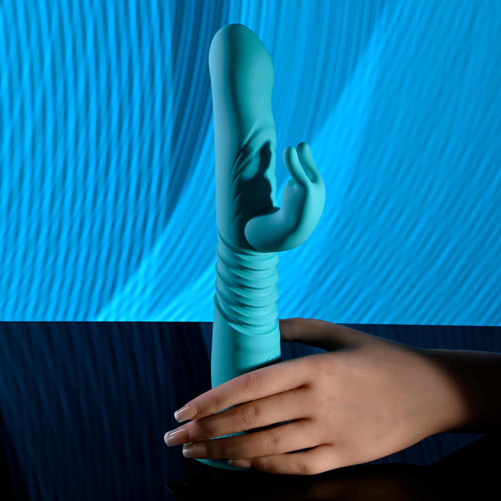 Evolved BUNNY HOP - Teal 25.1 cm USB Rechargeable Thrusting Rabbit Vibrator with Suction Base - EN-RS-6008-2