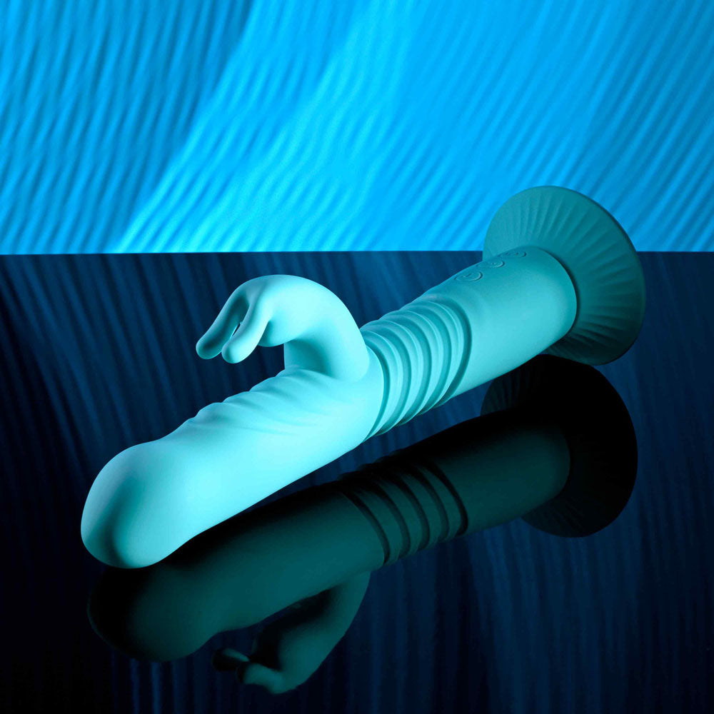 Evolved BUNNY HOP - Teal 25.1 cm USB Rechargeable Thrusting Rabbit Vibrator with Suction Base - EN-RS-6008-2