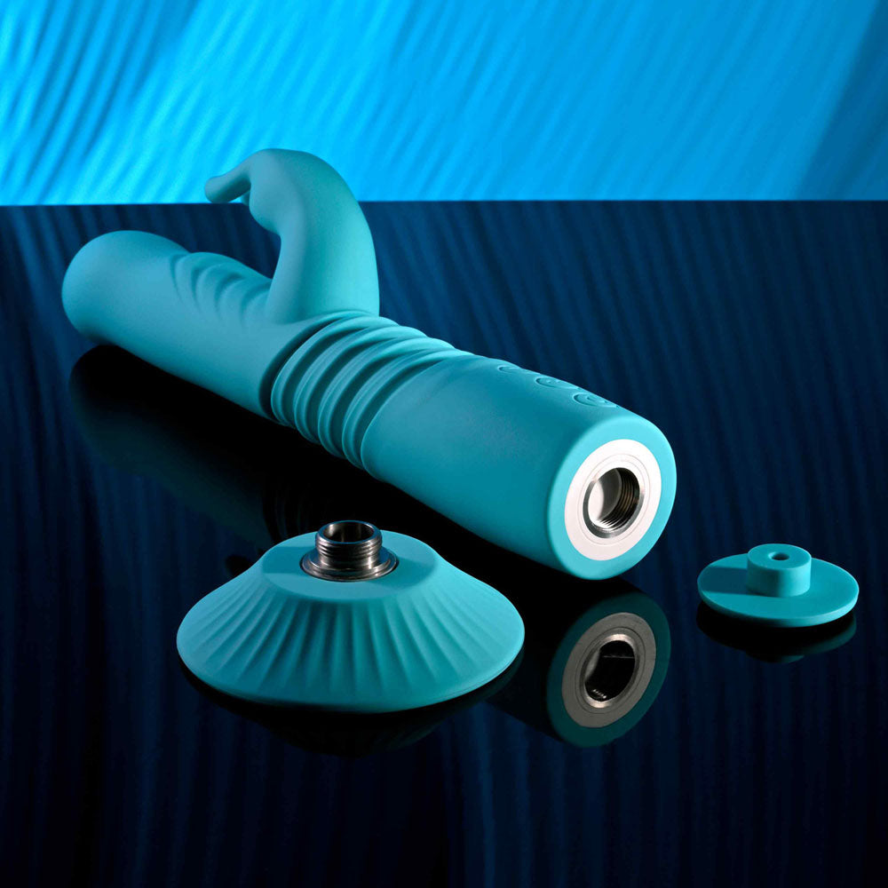 Evolved BUNNY HOP - Teal 25.1 cm USB Rechargeable Thrusting Rabbit Vibrator with Suction Base - EN-RS-6008-2